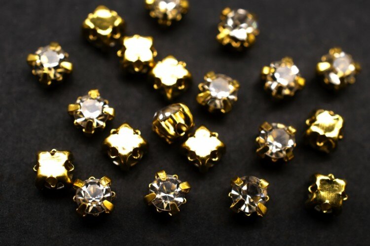 Шатоны 3,8мм пришивные в оправе, цвет хрусталь/золото, стекло/латунь, 62-060, 20шт