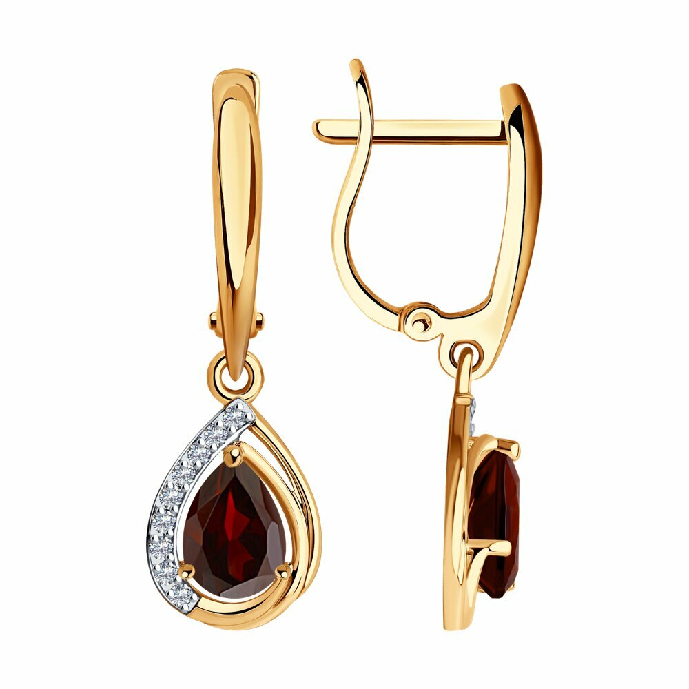 Серьги Яхонт, красное золото, 585 проба, фианит, гранат, , бесцветный, бордовый