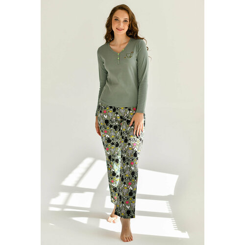 фото Пижама оптима трикотаж, лонгслив, брюки, длинный рукав, карманы, размер 48, зеленый