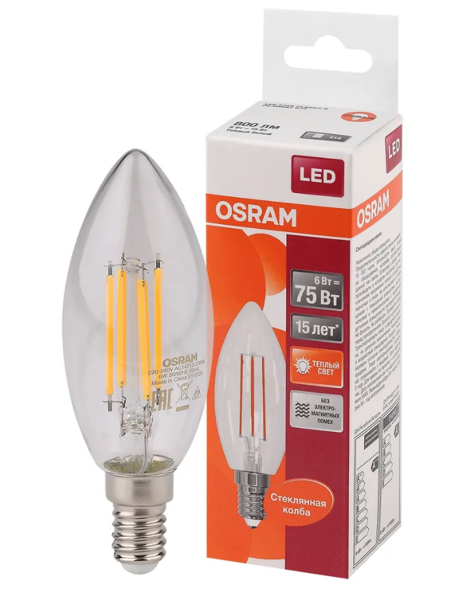 Лампа филаментная OSRAM LED Star, 806лм, 6Вт, замена 75Вт, 2700К, теплый свет, Цоколь E14, свеча