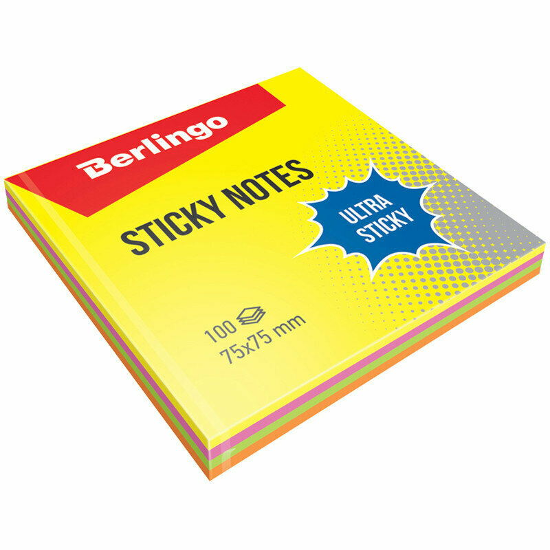 Самоклеящийся блок Berlingo "Ultra Sticky", 75*75мм, 100л, 4 неоновых цвета, 270286