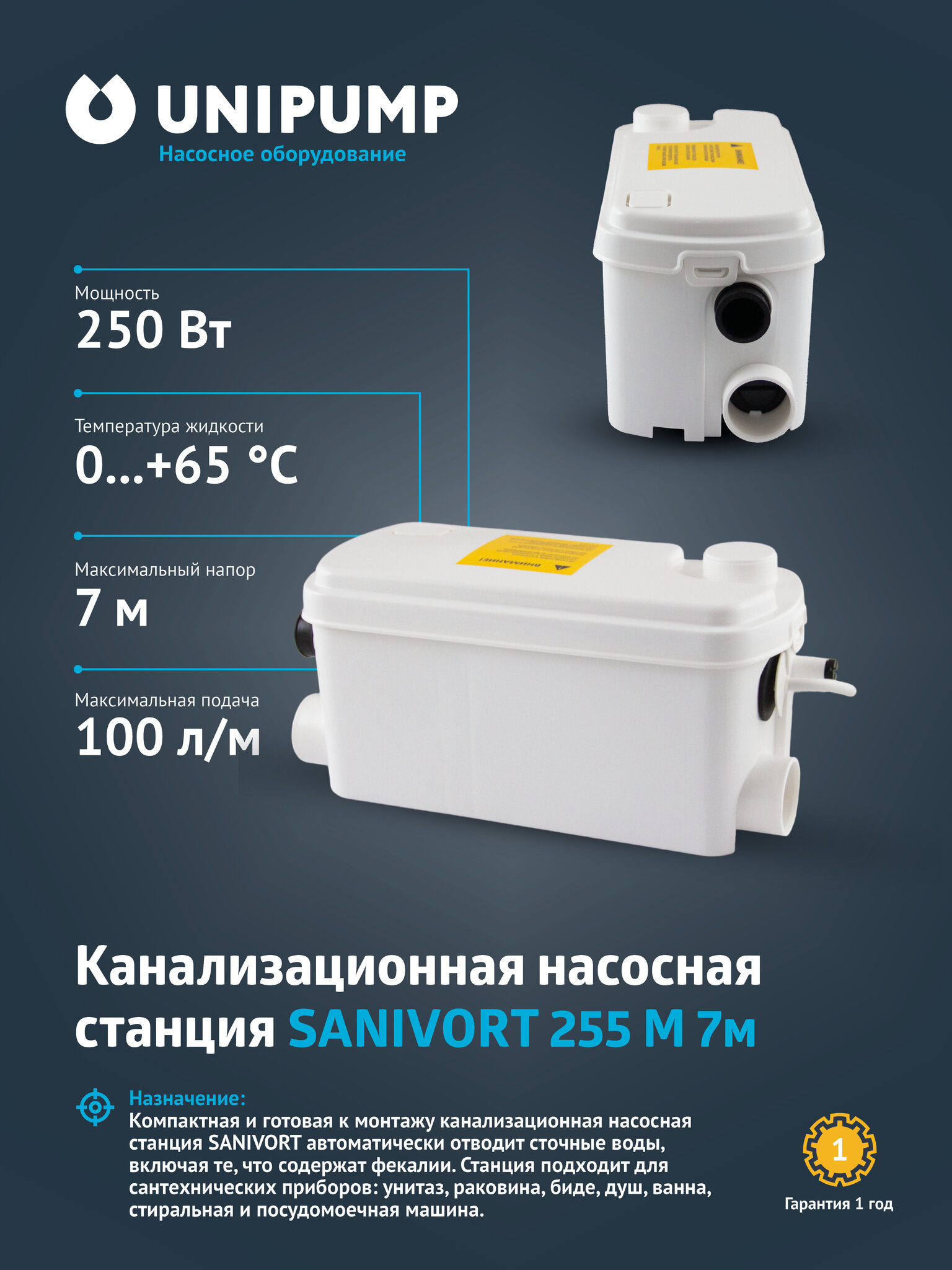 Установка канализационная SANIVORT 255 М(7м) Unipump 66572 - фотография № 1