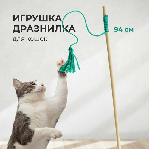 Игрушка дразнилка удочка на палочке для кошек MEGA TOYS товары для кота, котов, котят (зеленая)