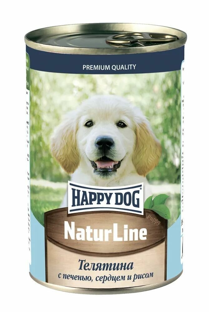 Happy Dog Консервы для щенков, Natur Line, Телятина с печенью, сердцем и рисом, 410 г.