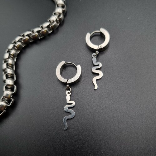 Серьги Sharks Jewelry Круглые серьги со змейками подвесками парные с проколом, мужские и женские, цвет серебро, нержавеющая сталь, славянский оберег, размер/диаметр 2 мм, коричневый, черный