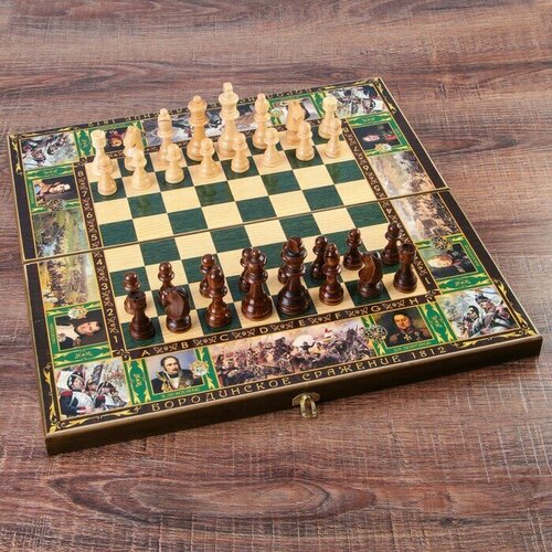 Настольная игра 3 в 1 Бородино: шахматы, шашки, нарды, доска дерево 50 х 50 см настольная игра ип фотьев шахматы большие 3в1 50х50 восточная мозаика