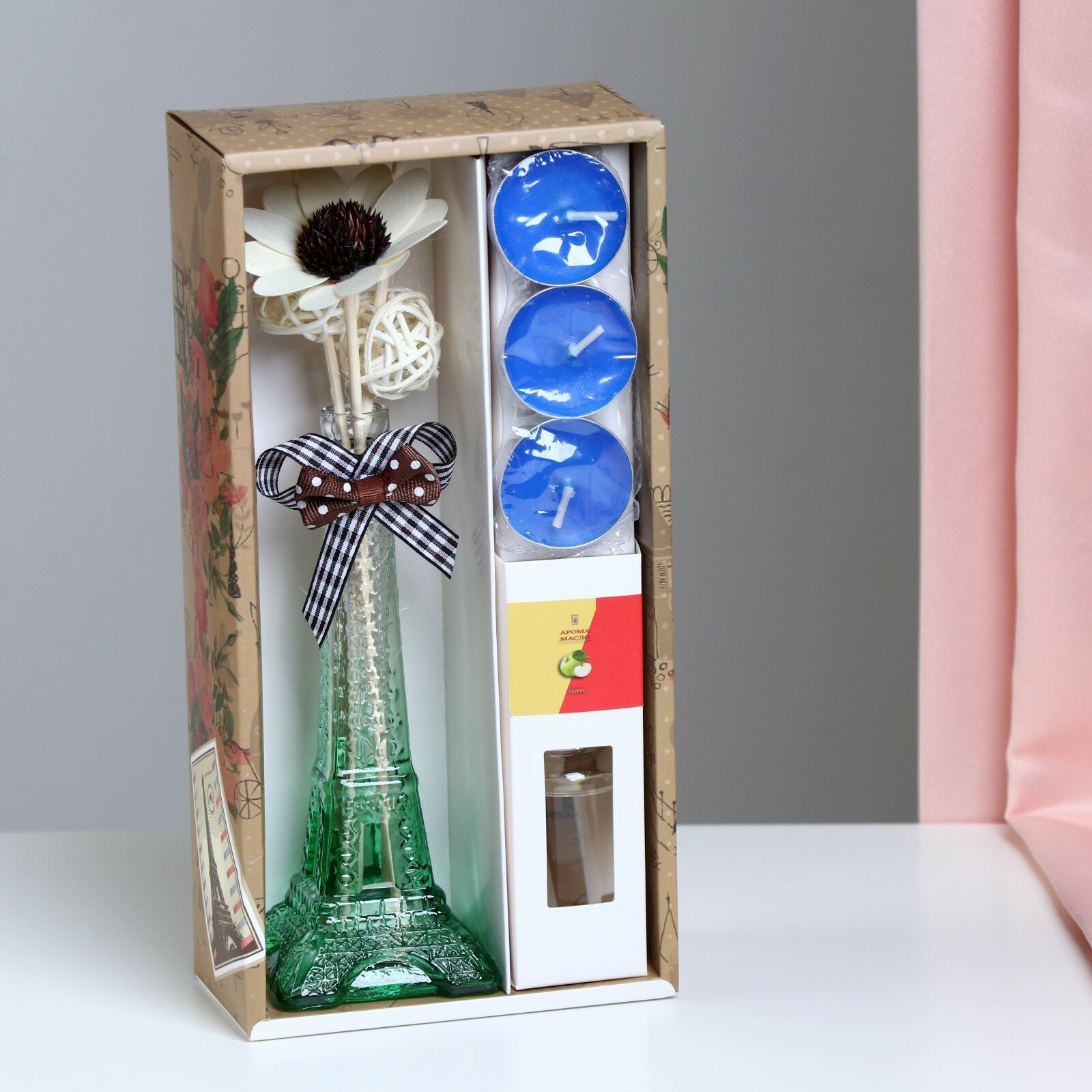 фото Набор подарочный "Париж": ваза, свечи, аромамасло яблоко, декор, "Богатство Аромата"