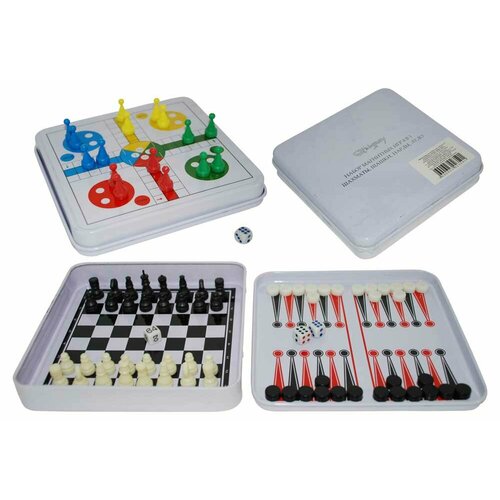 Набор из 4-х магнитных игр STINGREY (шахматы, шашки, нарды, лудо) в жестяной коробке