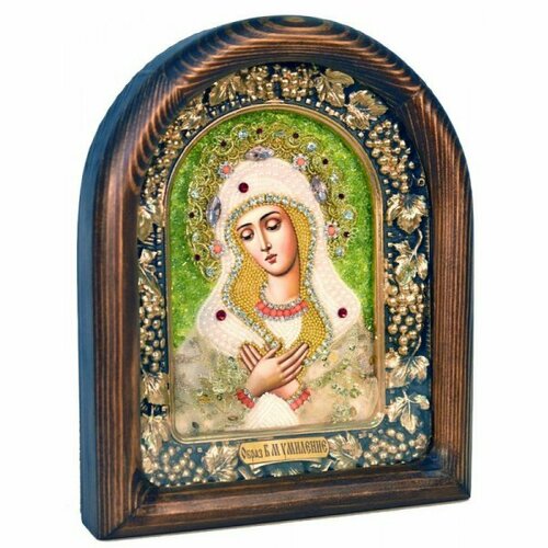 Икона Божией Матери Умиление бисер натуральные камни ткань, арт ДИ-371