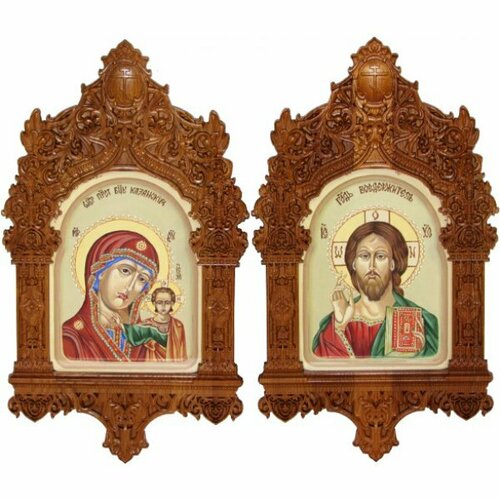 Венчальная пара рукописных икон Вседержитель и Божья Матерь Казанская, арт ИРП-847 венчальная пара икон божья матерь казанская и вседержитель