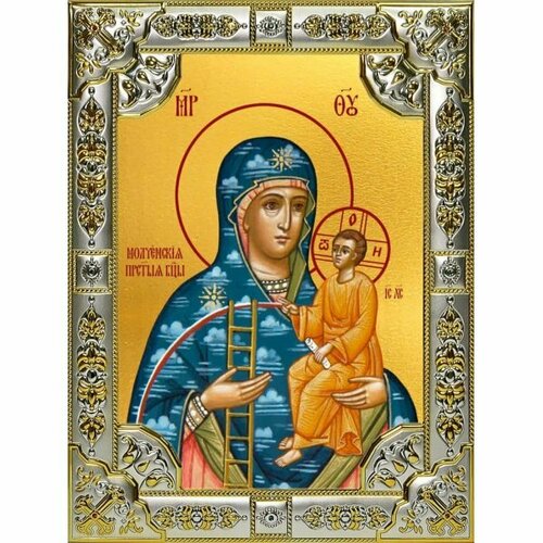 Икона Божьей Матери Молченская серебро 18 х 24 со стразами, арт вк-3175