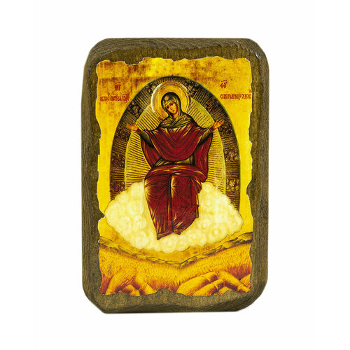 Икона под старину на состаренном дереве Пресвятая Богородица Спорительница Хлебов 10х7 см