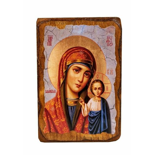 Икона под старину на состаренном дереве Пресвятая Богородица Казанская 10х7 см