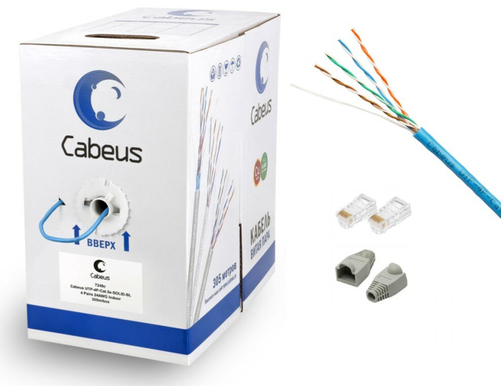 Кабель витая пара CABEUS PVC НГ(А)-LS 4х2х0,50 (24 AWG) CAT.5E U/UTP для внутренней прокладки Indoor CU (медь) / синий - 20м