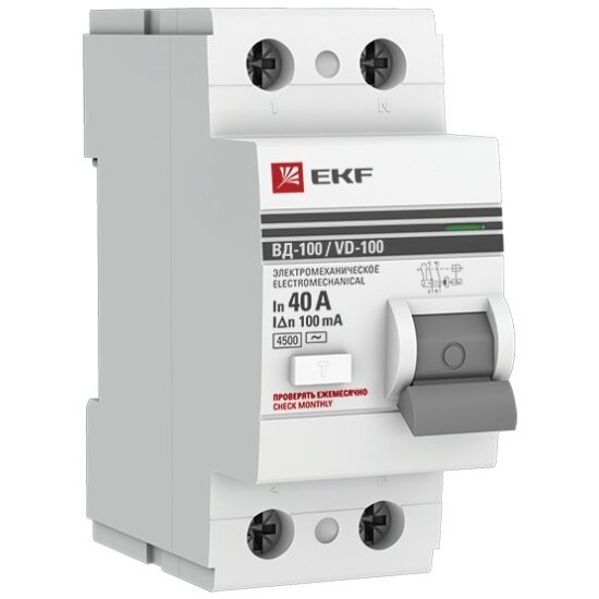 Выключатель дифференциального тока (УЗО) Ekf 2п 40А 100мА тип AC ВД-100 (электромех.) PROxima, elcb-2-40-100-em-pro