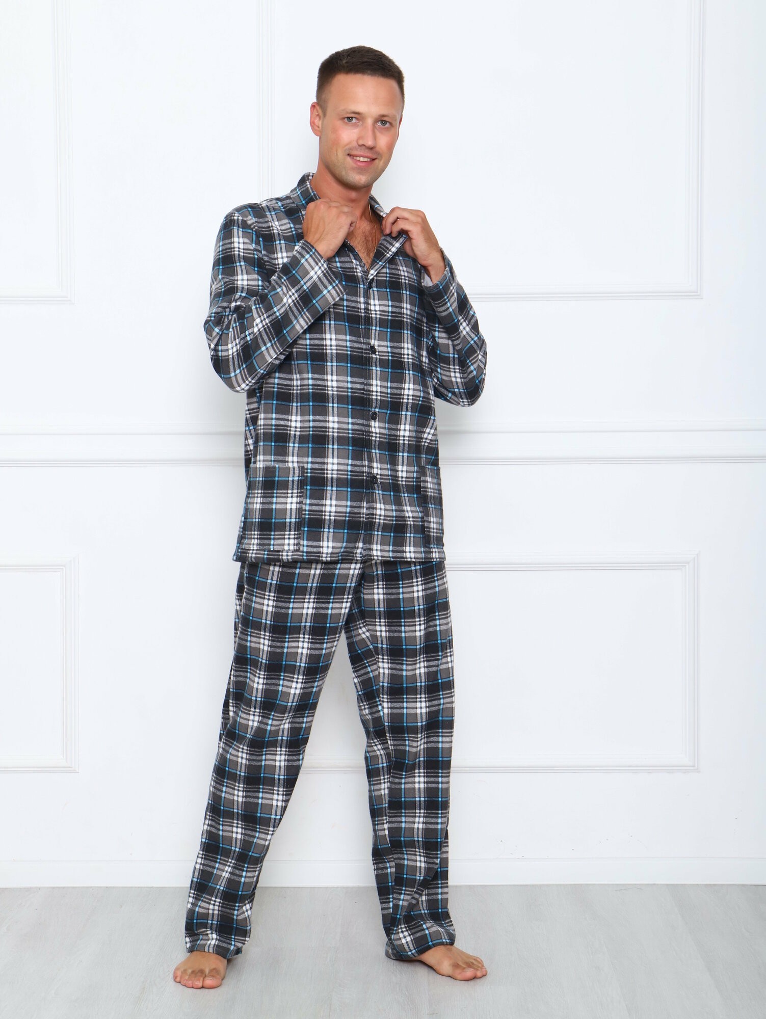 Пижама мужская в клетку из фланели,цвет серый-52 - фотография № 6