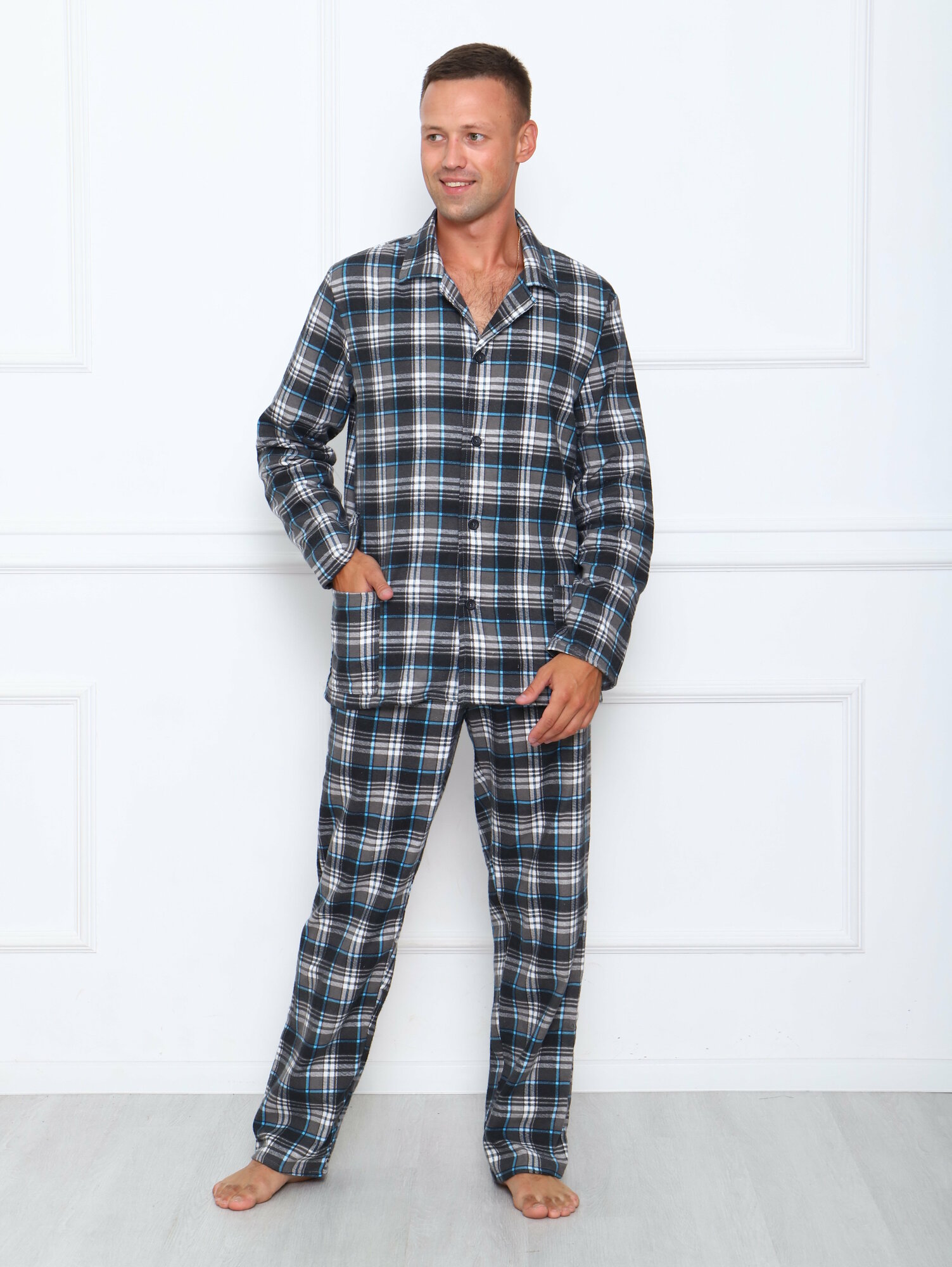 Пижама мужская в клетку из фланели,цвет серый-52 - фотография № 2
