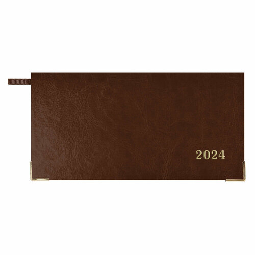 Еженедельник датированный 2024 размер 170х88 мм метеллическими уголками и золотым срезом, коричневый