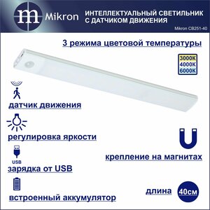 Светодиодный светильник для шкафа, кухни, спальни, прихожей с автоматическим включением от датчика движения, длина 40 см, Mikron 251-40