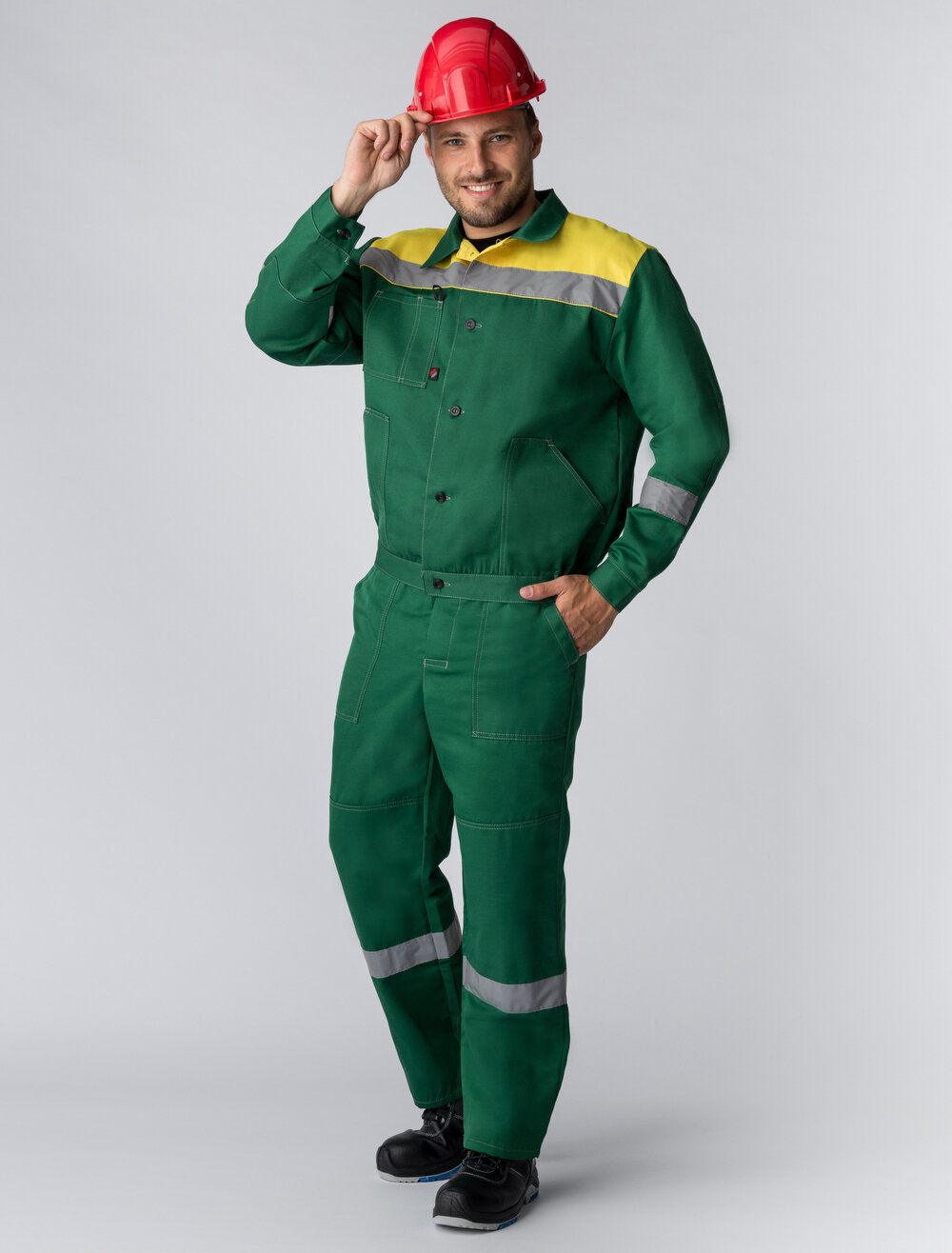 Костюм Легион-1 СОП (тк. Смесовая210) брюки зеленый-желтый 68-70; 170-176/ костюм рабочий автомеханик зеленый-желтый/ спецодежда мужская летняя