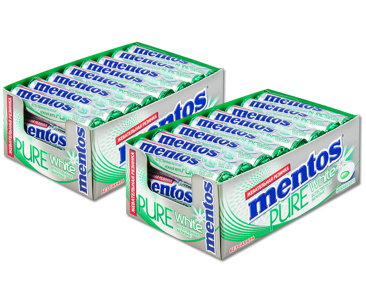 Жевательная резинка Mentos "Pure White" нежная мята, без сахара 15.5 г, 48 шт.
