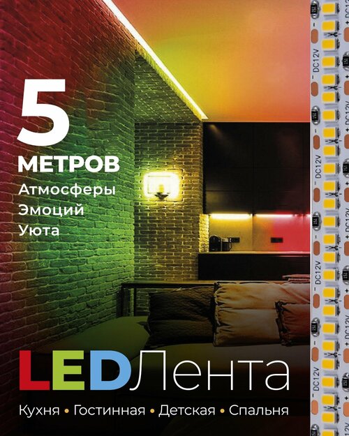 Светодиодная лента, Подсветка, 14.4Вт, 24В, RGB, 60Днм, 5 метров (Многоцветное), Лента, Альфа Свет