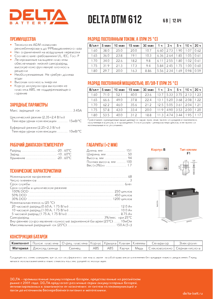 Delta DTM 612 150А Универсальная полярность 12 Ач (151x50x94) - фото №13