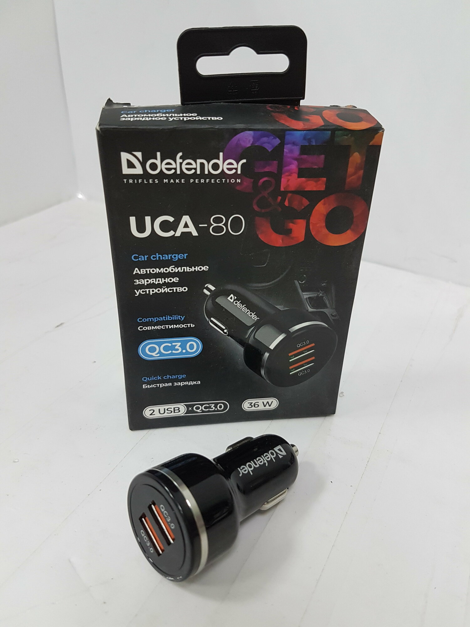 Автомобильное зарядное уст-во USB Defender UCA-80 <83832> (Вх.12-24V, Вых.5/9/12V, 36W, 2xUSB)