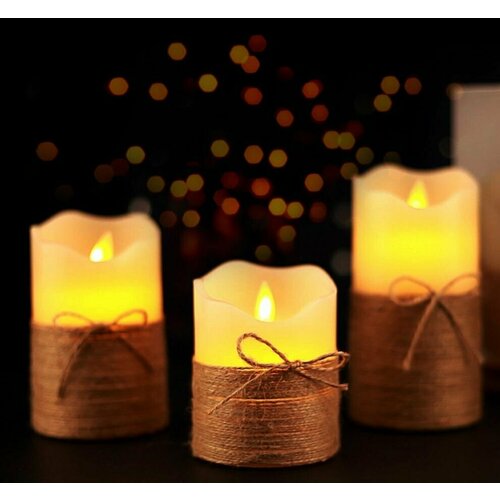 Набор из 3-х восковых LED свечей, в оплете бечевкой