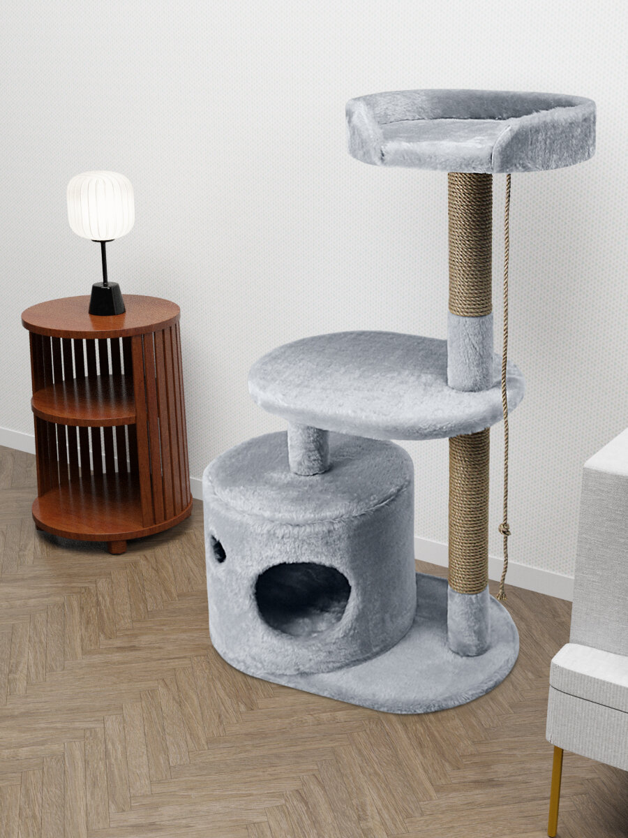 Когтеточка (игровой комплекс) YUGA для кошек, с домиком, с лежанкой, с игрушкой, 55х36х101см, серый - фотография № 2