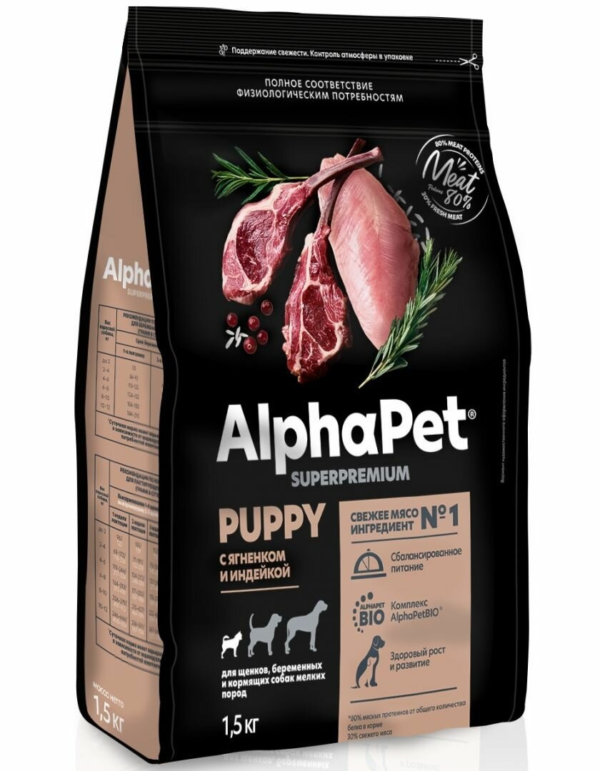 Сухой корм для щенков AlphaPet 1.5 кг Superpremium Puppy с ягненком и индейкой, для беременных и кормящих мелких пород