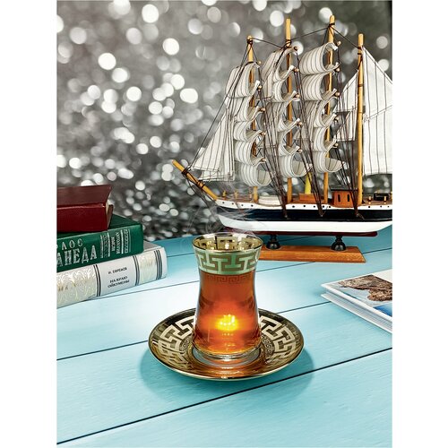 Подарочный набор турецких стаканов с блюдцами для чая кофе Армуды с алмазной гравировкой PROMSIZ Греческий узор 12 шт 1370₽