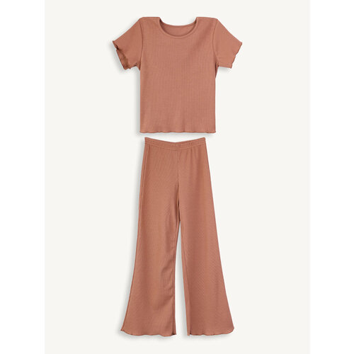 Пижама КотМарКот, брюки, футболка, без капюшона, без карманов, пояс на резинке, размер 122, бежевый