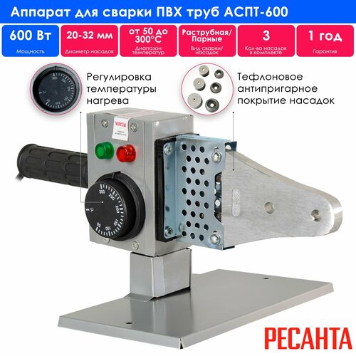 Аппарат сварочный пластиковых труб Ресанта АСПТ-600 мощность 600Вт парные насадки 1381₽