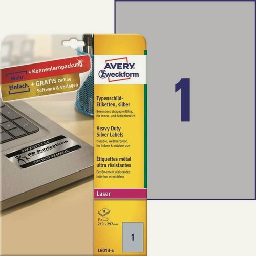 Изображение товара Этикетки самоклеящиеся Avery Zweckform для инвентаризации (210x297мм, 1шт. на листе А4, 8 листов) серебристая пленка (L6013-8)