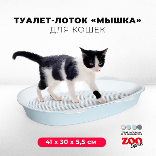 Туалет-лоток для котят Zooexpress мышка с сеткой, 41х30х5,5 см, светло-голубой