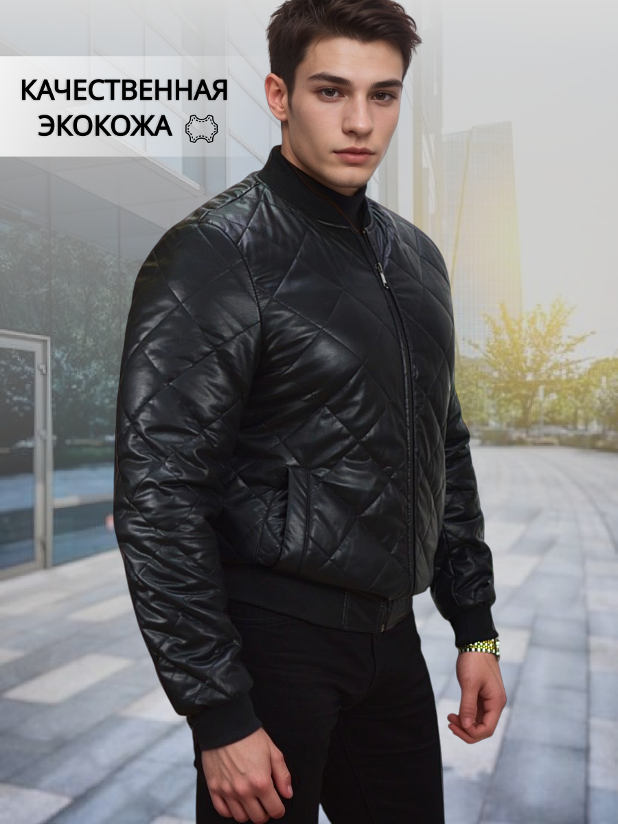 Бомбер REPUBLICONTI Мужская кожаная куртка, размер 58, черный/черный — фото 1
