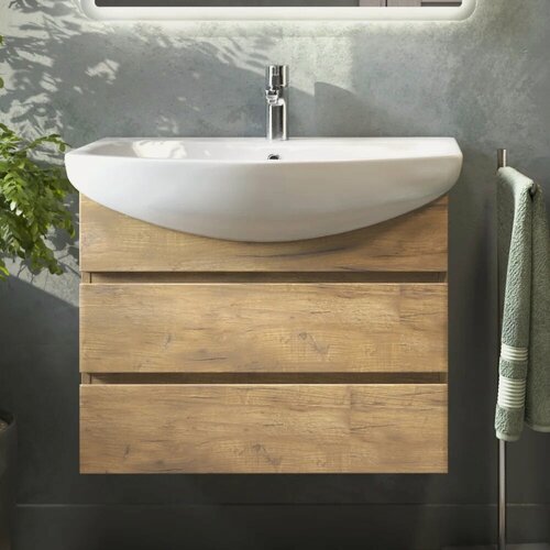 Изображение товара Тумба с раковиной Vigo Wing 70 подвесная, 71,5 см, светлое дерево, матовая, из ЛДСП, с ящиками, раковина для ванной, фарфоровая, полукруглая, с сифоном