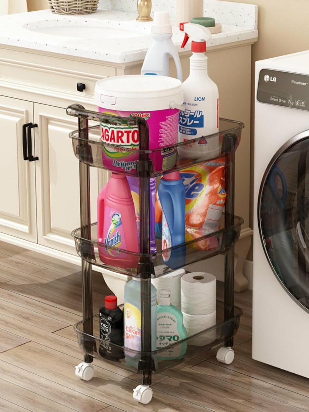 Прозрачная 3-уровневая этажерка на колёсах – прочная пластиковая тележка-органайзер