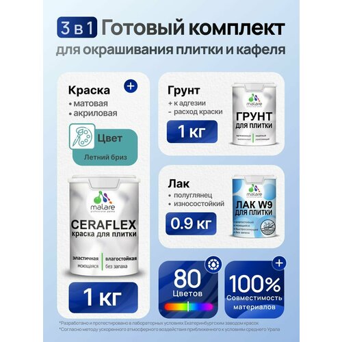 фото Комплект malare для окрашивания плитки и кафеля (1кг грунт + 1кг краска + 0,9кг лак), без запаха, полуглянцевый, цвет летний бриз