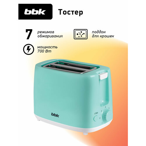 фото Тостер с двумя отделениями для тостов bbk tr82 снежная мята, мощность 700 вт