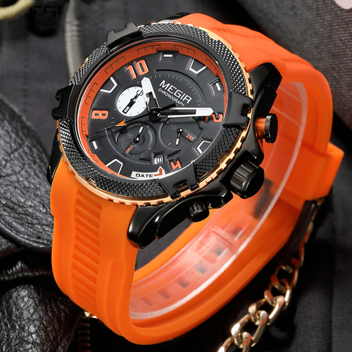 Наручные часы Megir, черный, оранжевый