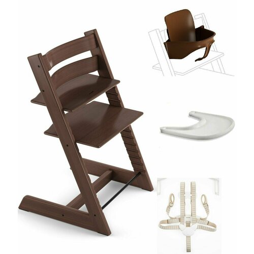 Стульчик для кормления 4 в 1 Stokke Tripp Trapp Walnut Brown с сидением Baby Set и столиком White /ремни безопасности