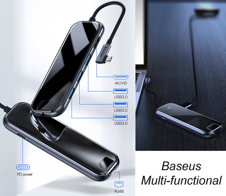 USB-концентратор Baseus (CAHUB-DZ0G) USB-C to HDMI/3xUSB 3.0/RJ45/PD (Deep Grey) - фото №18