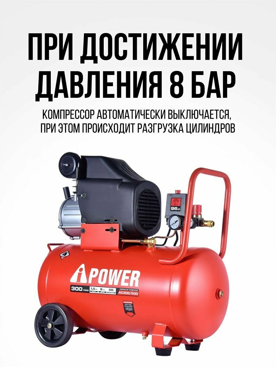 Компрессор поршневой масляный A-iPower AC300/50D (8 Бар, 300 л/мин, 1500 Вт, 50 л, 30 кг)