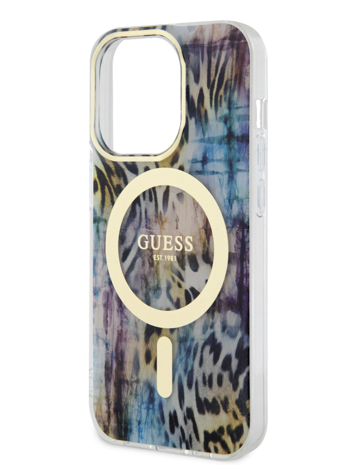 Guess для iPhone 14 Pro чехол MagSafe PC/TPU Leopard Hard Blue/Gold