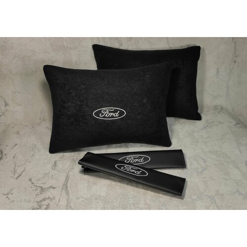 Подарочный набор: декоративная подушка в салон автомобиля из велюра и накладки на ремень безопасности с логотипом FORD, комплект 3 предмета