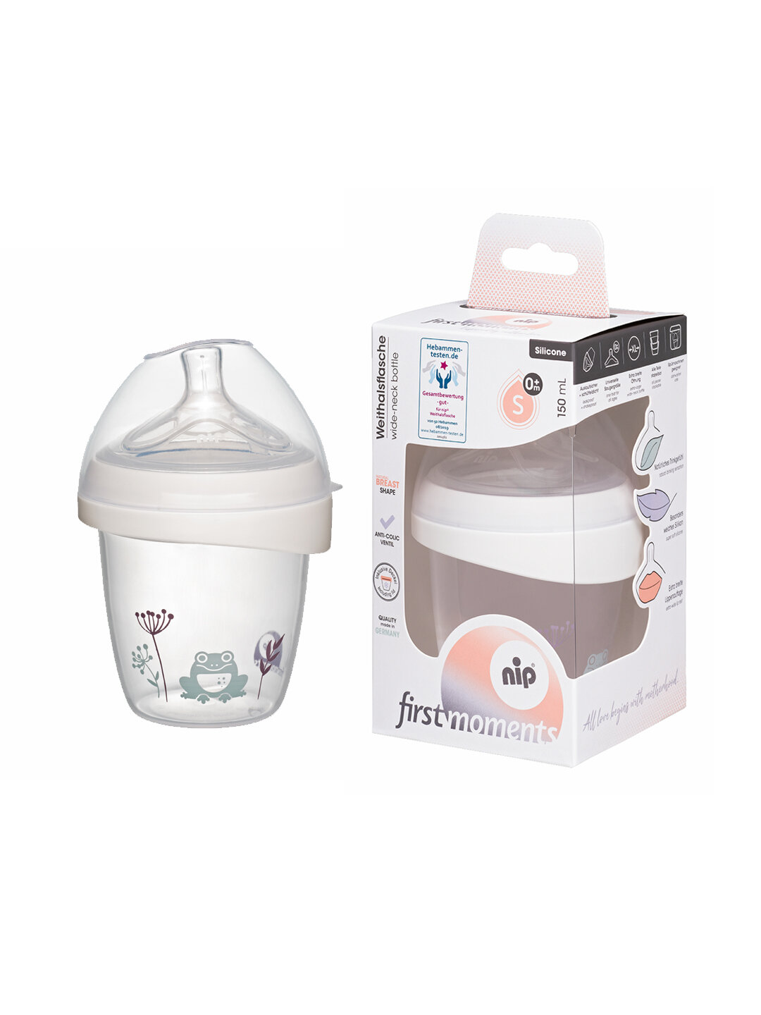 Бутылочка с широким горлышком NIP серии First Moments, 150 ml, вкл. соску-поильник, силикон, от 0 месяцев, размер отверстия S