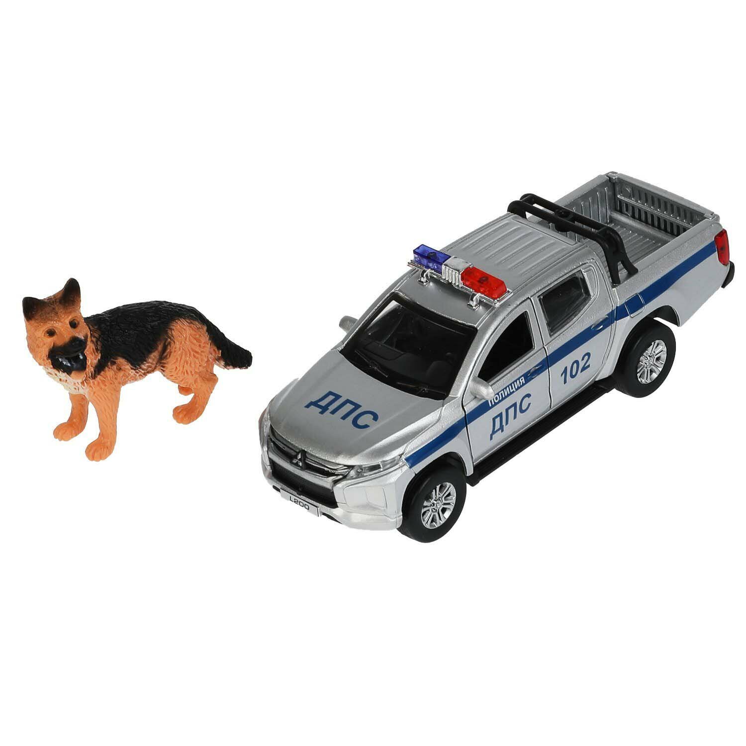 Модель машины Технопарк Mitsubishi L200 пикап, Полиция, серебристая, инерционная, с собакой L200-12POLSR-DOG