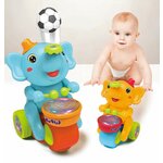 Музыкальная игрушка Веселый Слоненок с барабаном, едет, хоботом выдувает мяч, звуковые и световые эффекты - изображение